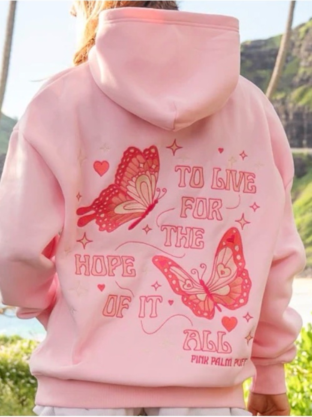Pink Palm Puff Butterfly Graphic Hoodie